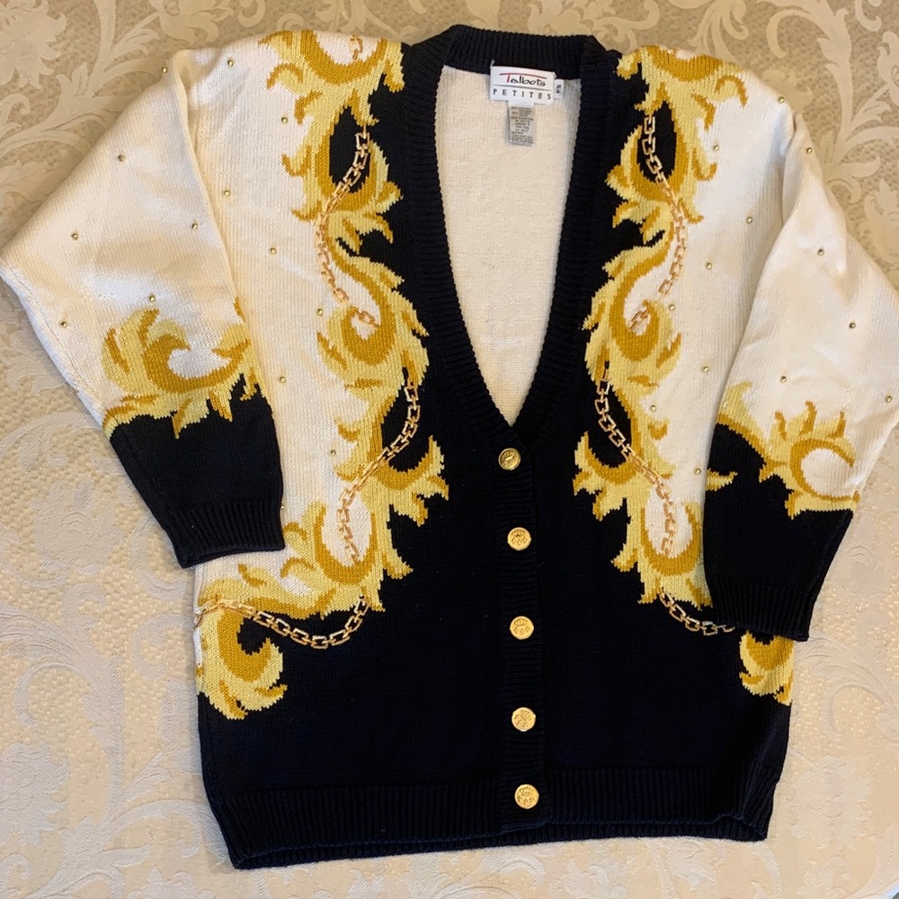 Talbots Black and Gold Chain Pattern Cardigan